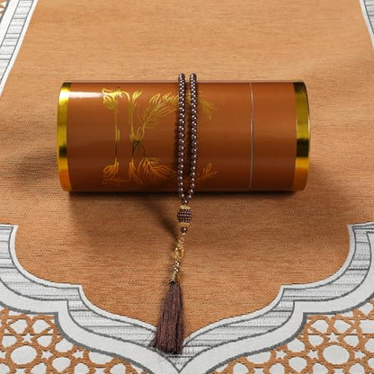 Islamic Prayer Rug Elegant Masjid Pattern Thin Mat Muslim Portable Blanket with Beads Ramadan Eid Gift Rug Turkish Prayer Carpet - color: Setc Khaki