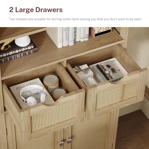 Iwell Tall Storage Cabinet, Rattan Cabinet with 2 Drawers & Adjustable Shelf, Kitchen Pantry Storage Cabient, Entryway Cabinet for Living Room, Dining Room, Home Office, Natural - color: Natural, 2 Drawers