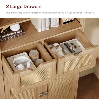 Iwell Tall Storage Cabinet, Rattan Cabinet with 2 Drawers & Adjustable Shelf, Kitchen Pantry Storage Cabient, Entryway Cabinet for Living Room, Dining Room, Home Office, Natural - color: Natural, 2 Drawers