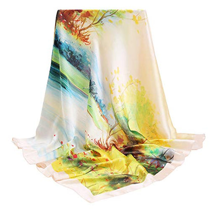 100% Mulberry Silk Scarf-Printed or Solid Color 35” Square Large Silk Hair Head Wrap Scarf With Gift Box Package - color: Multicolor