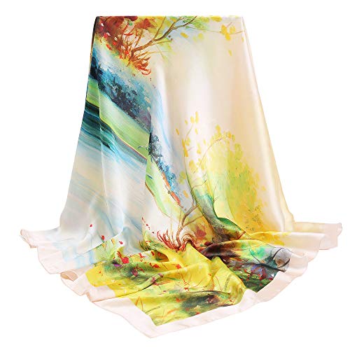 100% Mulberry Silk Scarf-Printed or Solid Color 35” Square Large Silk Hair Head Wrap Scarf With Gift Box Package - color: Multicolor