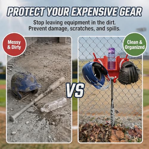 Baseball Softball Dugout Organizer - Fence-Mounted Hanging Holder for Bat Glove Helmet & Water Bottles - with Secure Clips - Heavy-Duty PLA 3D Print, Keeps Dugout Neat & Accessible - color: White