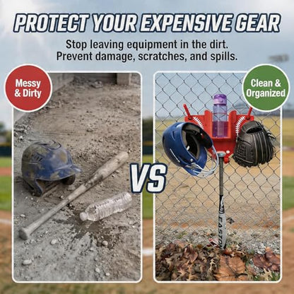 Baseball Softball Dugout Organizer - Fence-Mounted Hanging Holder for Bat Glove Helmet & Water Bottles - with Secure Clips - Heavy-Duty PLA 3D Print, Keeps Dugout Neat & Accessible - color: Grey