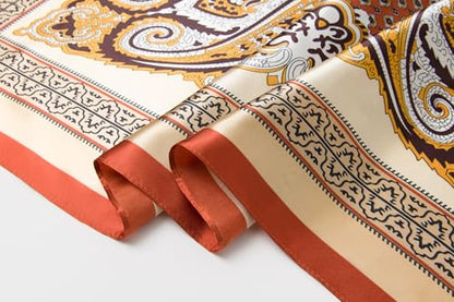 Silk-Feel 35x35 Satin Hair Scarf | Multi-Way Head Wrap for Sleep, Style & Hijab | Gift-Ready Fashion Scarf for Women - color: Orange-totem