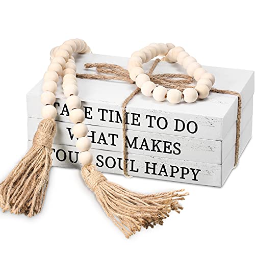 Jetec Decorative Display Books Hardcover, Faux Farmhouse Stacked for Coffee Tables Shelves with Wood Bead Tassels 58 Inch, 3 Pieces, White(Take Time to do, What Makes, Your Soul Happy) - style: Take Time to do, What Makes, Your Soul Happy