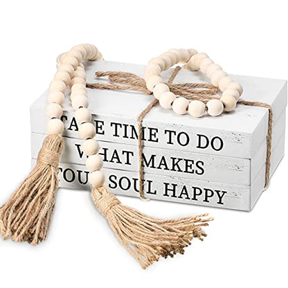 Jetec Decorative Display Books Hardcover, Faux Farmhouse Stacked for Coffee Tables Shelves with Wood Bead Tassels 58 Inch, 3 Pieces, White(Take Time to do, What Makes, Your Soul Happy) - style: Take Time to do, What Makes, Your Soul Happy