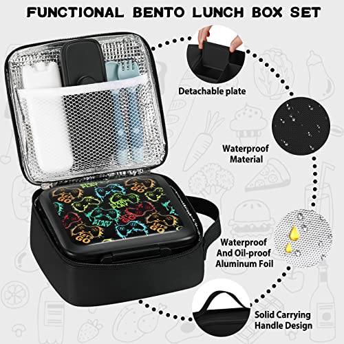 JXXM Bento Lunch Box for Kids With 8oz Soup thermo,Leak-proof Lunch Containers with 5 Compartment,thermo Food Jar and Lunch Bag, Food Containers for School (A-Black(Game Consoley)) - color: Black Game Consoley