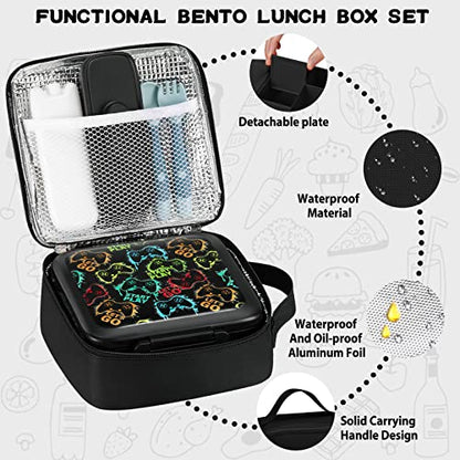JXXM Bento Lunch Box for Kids With 8oz Soup thermo,Leak-proof Lunch Containers with 5 Compartment,thermo Food Jar and Lunch Bag, Food Containers for School (A-Black(Game Consoley)) - color: Black Game Consoley