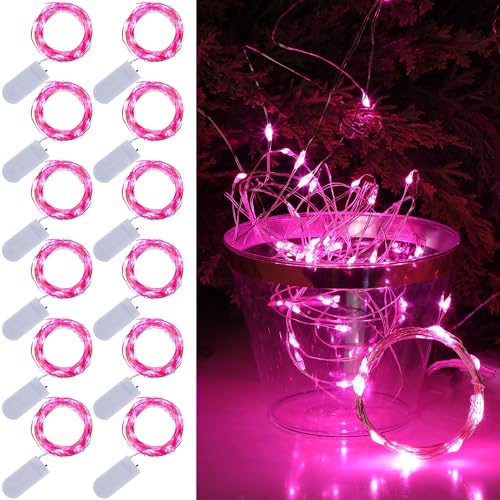 WATERGLIDE 12 Pack Valentine's Fairy Lights Battery Operated (Included), 7 ft 20 LED Mini String Lights, Waterproof Silver Wire Firefly Starry Light for DIY Wedding Party Mason Jars Decor, Pink - color: Pink