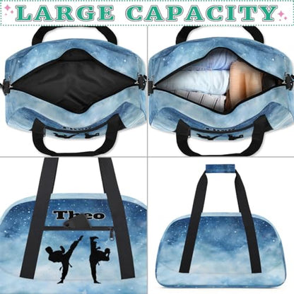 Custom Sport Bag for Boys, Taekwondo Silhouette Blue Starry Night | Personalized Named Practice Travel Overnight Training Bag - color: Color 4