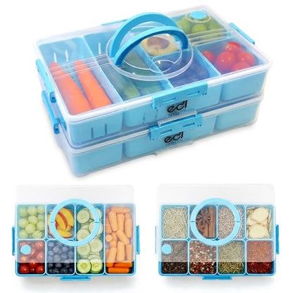 Stackable Snack Organizer Container 2 Pack, 14 Compartments Food Storage Tray with Lids & Handles for Travel & Charcuterie, BPA-Free, Dishwasher & Microwave Safe (Blue 2 Pack) - color: Blue