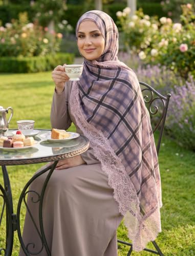 JUMISEE Elegant Floral Lace Hijab Scarf for Women Soft Cotton Head Wrap Instant Hijab Long Scarves Evening Dress Shawl - color: Pink Plaid Pattern