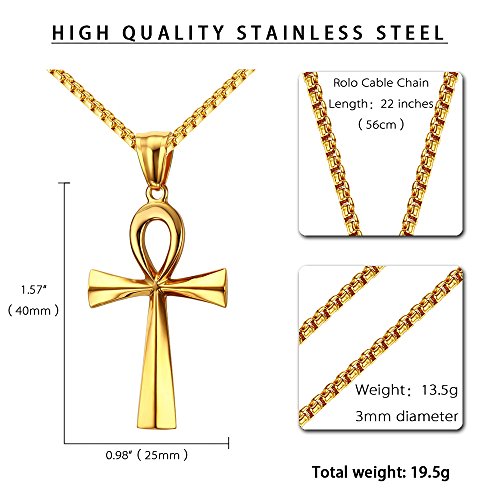 REVEMCN Reve Stainless Steel Coptic Ankh Cross Religious Pendant Necklace for Men Women, 20-24 Inches Chain - style: Gold Tone: 22'' Rolo Chain