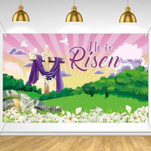 Large He is Risen Easter Banner Decorations Flag Outdoor 72x44 Inch, Cross Sign Christian Jesus Lily Flowers Banner for Indoor Home House Decor Party Supplies, Spring Yard Sign Background for Photography - color: Purple Easter