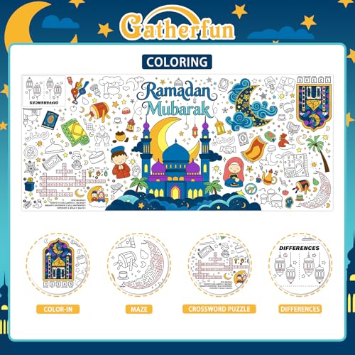 Gatherfun 라마단 활동 포스터 및 홈 데코 - 70.9 x 182.9cm(31.5 x 72인치) 이드 무바라크 장식용 컬러링 배너/테이블 커버, 학교 파티 및 라마단 장식용 - style: 라마단