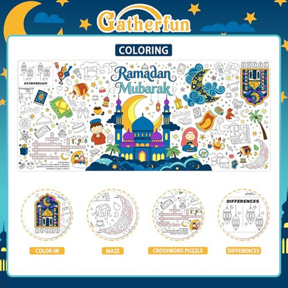 Gatherfun 라마단 활동 포스터 및 홈 데코 - 70.9 x 182.9cm(31.5 x 72인치) 이드 무바라크 장식용 컬러링 배너/테이블 커버, 학교 파티 및 라마단 장식용 - style: 라마단