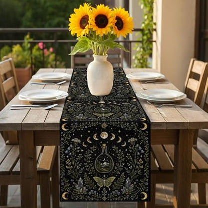 Whimsical Lunar Table Runner Butterfly Floral Moonphases Quartzcrystals Black Kitchen Table Runner for Dining Room Home Party Decor 13x108 Inch - size: 13"W x 108"L (Pack of 1)