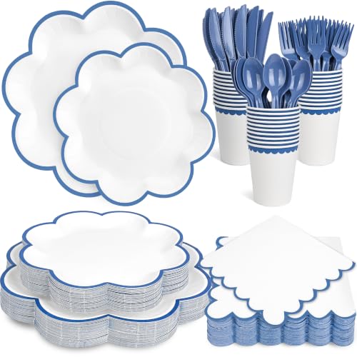 350 Pcs Dark Blue and White Paper Plates and Napkins Set - color: White with Dark Blue Edge