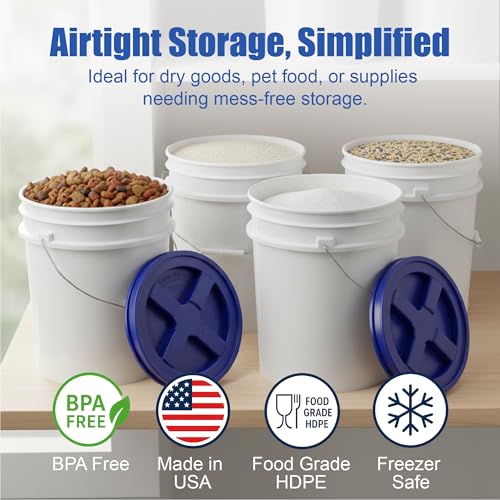 5 Gallon Bucket - Food Grade w/Lid BPA-Free, White/Blue, 3 | Airtight Gamma Seal Screw-On Lid, Heavy-Duty 90 Mil HDPE Plastic, Food Safe and Durable Container, Bulk Storage, Made in USA - color: White/Blue, size: 3 Packs