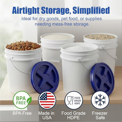 5 Gallon Bucket - Food Grade w/Lid BPA-Free, White/Blue, 3 | Airtight Gamma Seal Screw-On Lid, Heavy-Duty 90 Mil HDPE Plastic, Food Safe and Durable Container, Bulk Storage, Made in USA - color: White/Blue, size: 3 Packs