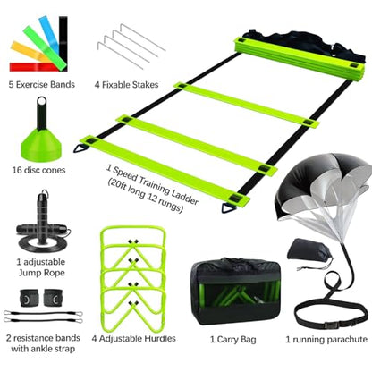 Haootadiy Agility Training Equipment, Football Training Equipment Includes 20FT Agility Ladder,4 Adjustable Agility Hurdles, 12 Football Cones, Parachute, for Training Soccer Basketball Athletes - color: GREEN