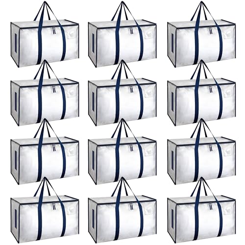 HealSmart 12 Pack Large Moving Bags with Zippers & Handles, Moving Supplies with lids, Heavy Duty Totes for Space Saving, Fold Flat, Moving and Storing, Clear - color: Clear, size: 12-Pack, style: Carrying Handle