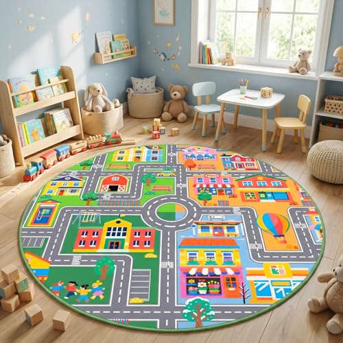 Car Rug for Kids Room Round 5ft, Kids Washable Rug Educational Learning Car Track Map Playmat for Classroom Preschool Bedroom Living Room Playroom Decor Mat - color: Multi 128, size: 5' (Round)