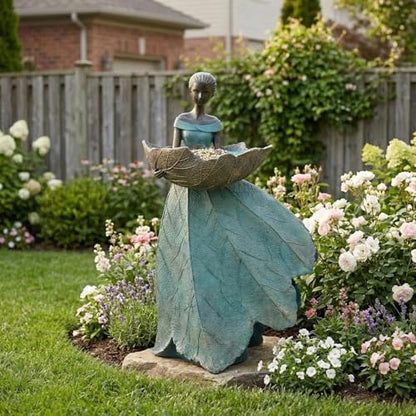 DiliComing Fairy Garden Statues Bird Feeder - 12 Inch Outdoor Fairy Statue - color: Green-12 inch