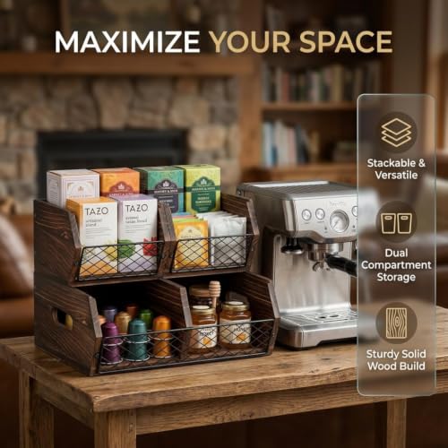 Wood Potato and Onion Storage Bins, Stackable Pantry Organizer, Rustic Produce Storage Baskets for Vegetable, Fruit and Snack