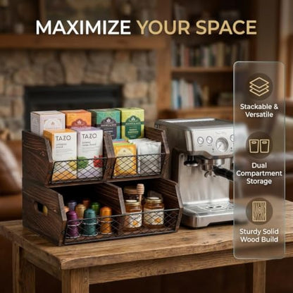 Wood Potato and Onion Storage Bins, Stackable Pantry Organizer, Rustic Produce Storage Baskets for Vegetable, Fruit and Snack