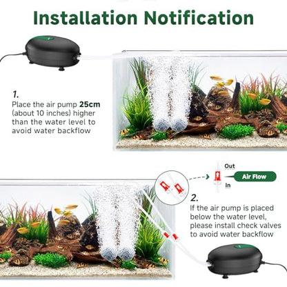 AQQA Aquarium Air Pump Quiet Fish Tank Aerator Pump Powerful Oxygen Pump Single Outlet Air Pump Bubbler with Air Stone Tubes Check Valves for Hydroponics Water Tank (2.5W for Up to 40 Gal Tank) - size: 2.5W for Up to 40 Gal Tank