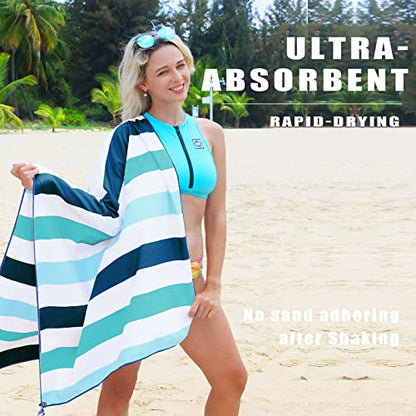 Exclusivo Mezcla Large Microfiber Quick Dry Beach Towel, Lightweight Sand-Free Cabana Stripe Pool Travel Camping Towel with Bag (Green, 30x60 Inches) | 30x60 Inches, Lightweight, Sandfree, Super Absorbent, Swimming Towel for Camping Travel with Bag, Green