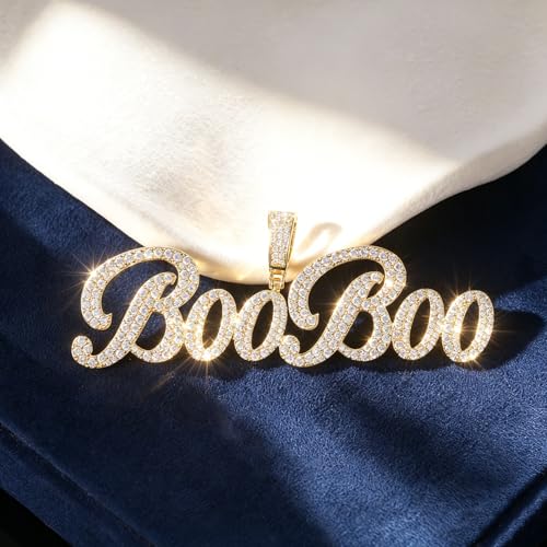 Lulu Mel Iced Out Personalized Cursive Name Necklace For Trendy Women, Custom Handmade Nameplate Pendant With Cuban Link Chain, White Gold Plated Hip Hop CZ Diamond Jewelry Gifts - color: Brust Letter Gold