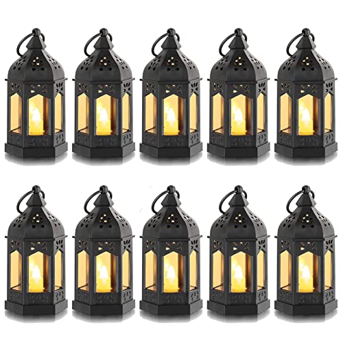 Mini Lantern with Flickering LED Candles Set of 10, Hewory Black Vintage Decorative Hanging Candle Lanterns for Halloween, Christmas, Wedding Decorations, Party, Table Centerpiece, Battery Included - color: Black, size: 10PCS