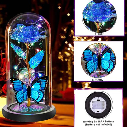 Mothers Day Rose Gifts for Mom, Birthday Gifts for Women Moms, Galaxy Crystal Light Up Rose in A Glass Dome,Mothers Day Flowers Presents Girlfriend Wife Sister Mother Mom from Daughter,Butterfly Blue - color: Butterfly- Blue