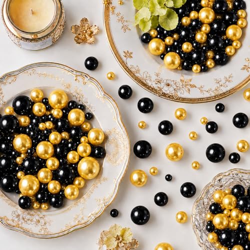 UDU 200 Pcs Vase Filler Pearl Beads No Hole Faux Polish Pearls for Centerpieces Vases Beads for vases Home Birthday Wedding Party Table Decor (Black and Gold) - color: Black and Gold