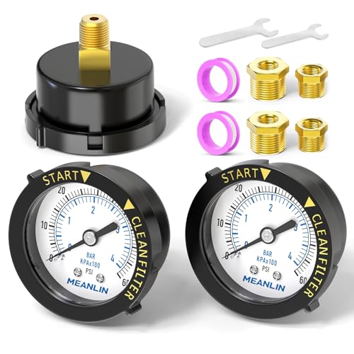 MEANLIN MEASURE 0~60Psi 1/4" NPT Start and Clean Filter Pressure Gauge, Suitable for Swimming Pool, Spa, Aquarium, Center Back Mount(Pack of 2), with 1/2" NPT and 3/8" NPT Hex Bushing - size: Back Mount / With adapter（2PCS）