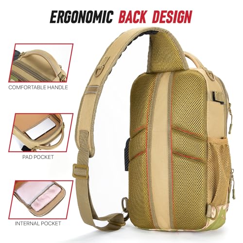 Fishing Sling Bag, Fishing Bag With Rod Holder Fixed Stickers, MOLLE System, Soft Bait & Gear Storage, Gift for Men, Khaki - color: Brown