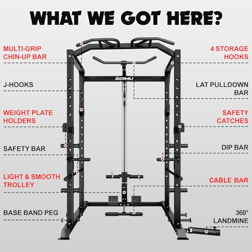C1-V4 Power Cage, 2000LBS Squat Rack with LAT Pulldown, Multi-Function Weight Cage Strength Training Machine, Workout Cage with More Attachments for Home Gym Garage - style: C1-Pro(Aluminum Pulleys) Bk