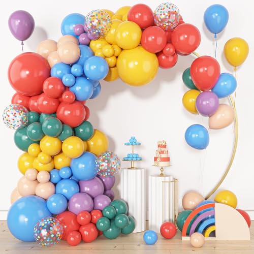 Amandir 153pcs Colorful Rainbow Balloons Arch Kit Assorted Colors Different Sizes 18 12 10 5inch Red Orange Yellow Blue Purple Confetti Balloon Boho Birthday Here Comes the Son Shower Party Decoration - color: Multi