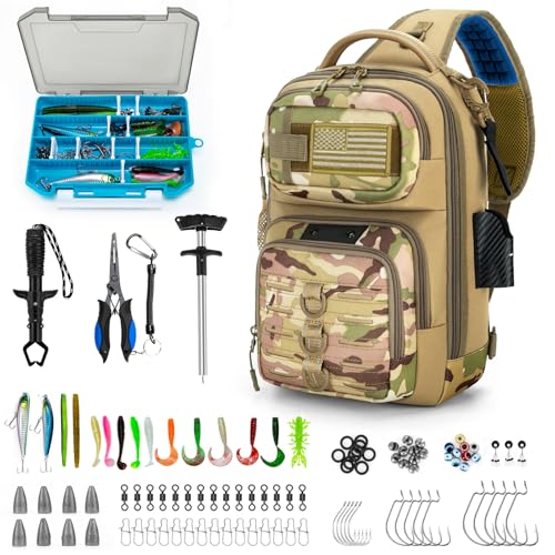 Fishing Sling Bag with Tackle Box, MOLLE System Fishing Backpack with Fishing Lures Kit, Fish Hook Remover Tool, Fish Lip Gripper, Fishing Plier & Accessories, Fishing Gear Gift for Men, Khaki - color: Brown-01Set
