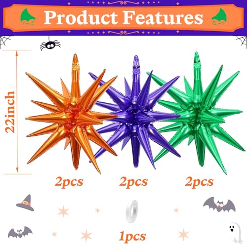 Orange Purple Green Star Balloons, 6PCS 22 Inch Foil Explosion Star Balloon - color: Orange Purple Green