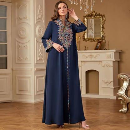 OBEEII Abayas for Women Muslim Applique Embroidery Long Sleeve Maxi Dress Loose Full Cover Islamic Dubai Robe Kaftan Abayas - color: Navy Blue, size: Medium