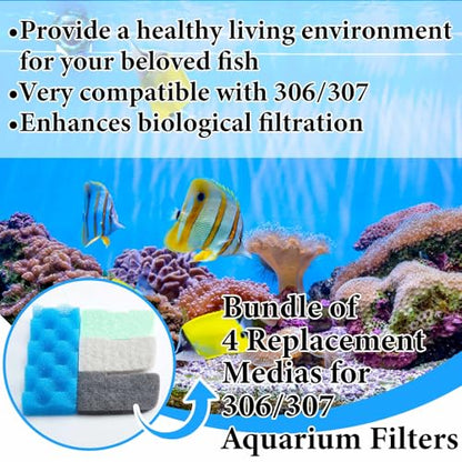 Threlaco 20 Pcs Aquarium Filters Replacement Filter Media Kits Compatible with Fluval 306/307, Including 2 Biological Foams, 6 Ammonia / 6 Phosphate / 6 Nitrite Remover - style: 306/307