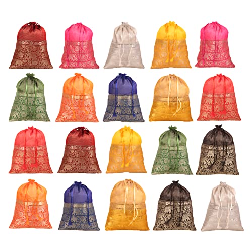 Touchstone Drawstring Bags Indian Handcrafted Pouches Potli for Gifts - color: Elephant_multicolor (Pack of 20), size: 7x5 inches