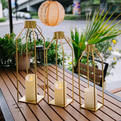 HPC DECOR 모던 팜하우스 랜턴 장식 - 55.9cm(22인치) 48.3cm(19인치) 40.6cm(16인치) 높이 대형 골드 메탈 캔들 랜턴 홈 데코용 - 랜턴 장식, 거실, 야외, 벽난로 맨틀 장식용 타이머 깜박이는 양초 포함 - size: 22inch,19inch and 16inch（Gold）