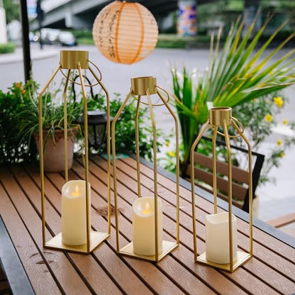 HPC DECOR 모던 팜하우스 랜턴 장식 - 55.9cm(22인치) 48.3cm(19인치) 40.6cm(16인치) 높이 대형 골드 메탈 캔들 랜턴 홈 데코용 - 랜턴 장식, 거실, 야외, 벽난로 맨틀 장식용 타이머 깜박이는 양초 포함 - size: 22inch,19inch and 16inch（Gold）