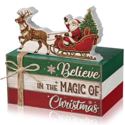 Geelin 4 Pcs Christmas Tiered Tray Decor Wooden Book Stack Signs, Believe in the Magic of Christmas Farmhouse Rustic Table Centerpiece for Shelf Coffee Bar Mantel, Home Decorations Gifts - style: Christmas Santa Sleigh