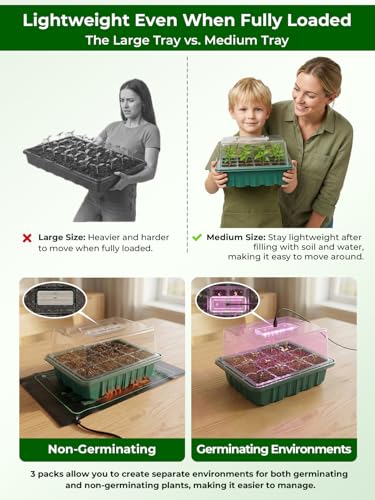 Seed Starter Tray 3 Pack with Heating Mat & 24 Full Spectrum LEDs Grow Light – Auto cycle Timer, Humidity Dome Ventilation Cover, Drainage Holes, Includes Gardening Tools – Transparent version - color: Transparent×3