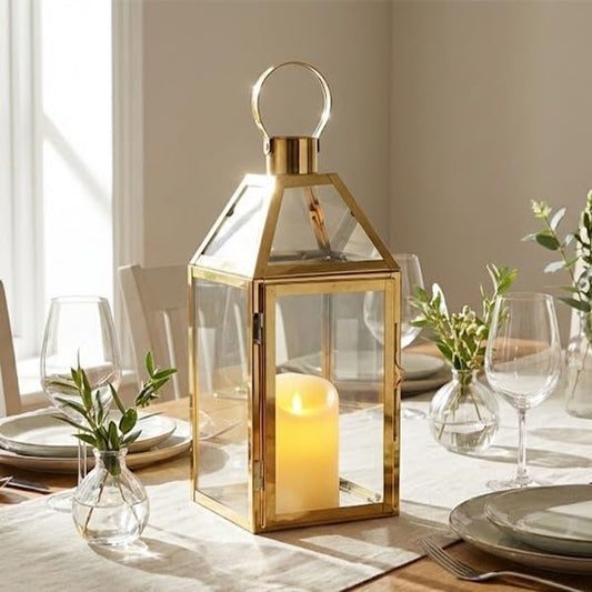 JHY Design Gold Decorative Lanterns 16" H Stainless Steel Candle Lanterns with Tempered Glass for Indoor Outdoor Events Parities and Weddings - color: Gold